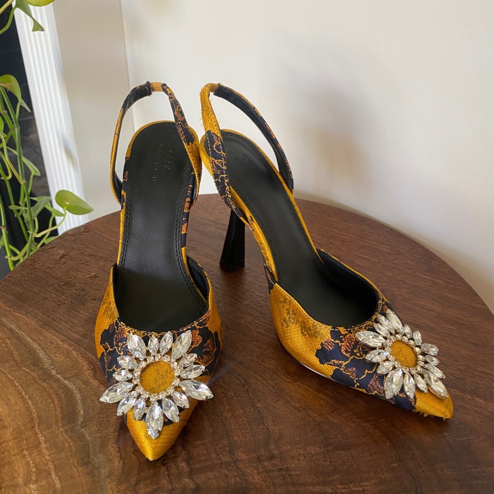 ASOS DESIGN poetic embellished high heels in jacquard